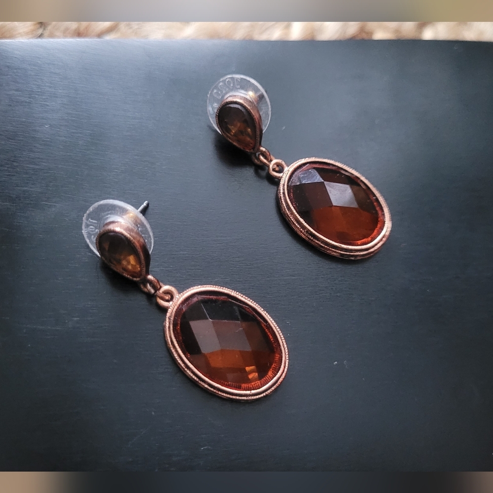 1928 Faceted Amber Colored Gem Dangle Earrings, Rose Gold & Amber